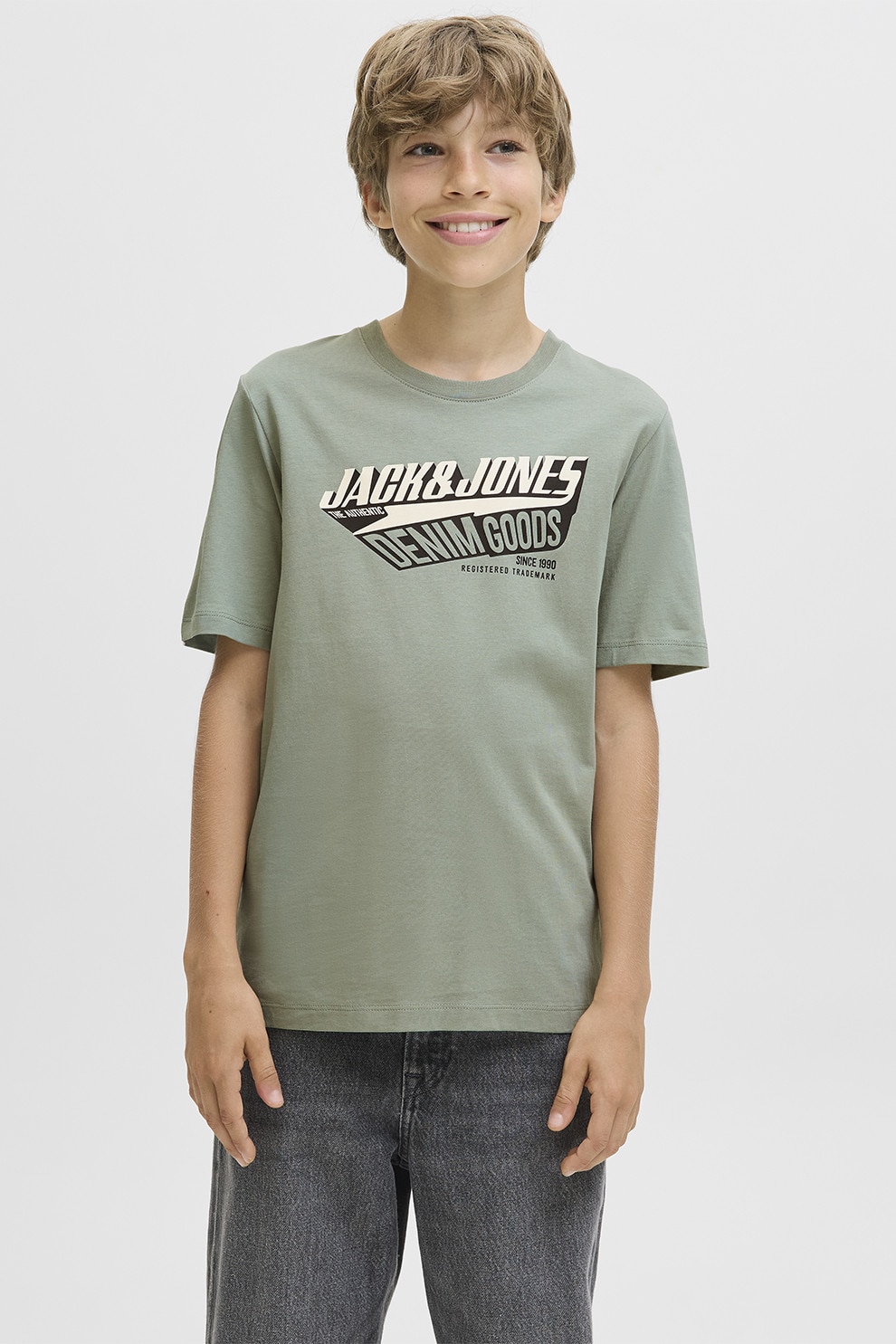 Jack & Jones, Tricou din bumbac organic cu imprimeu logo, Alb fildes, Verde fistic, 164 CM