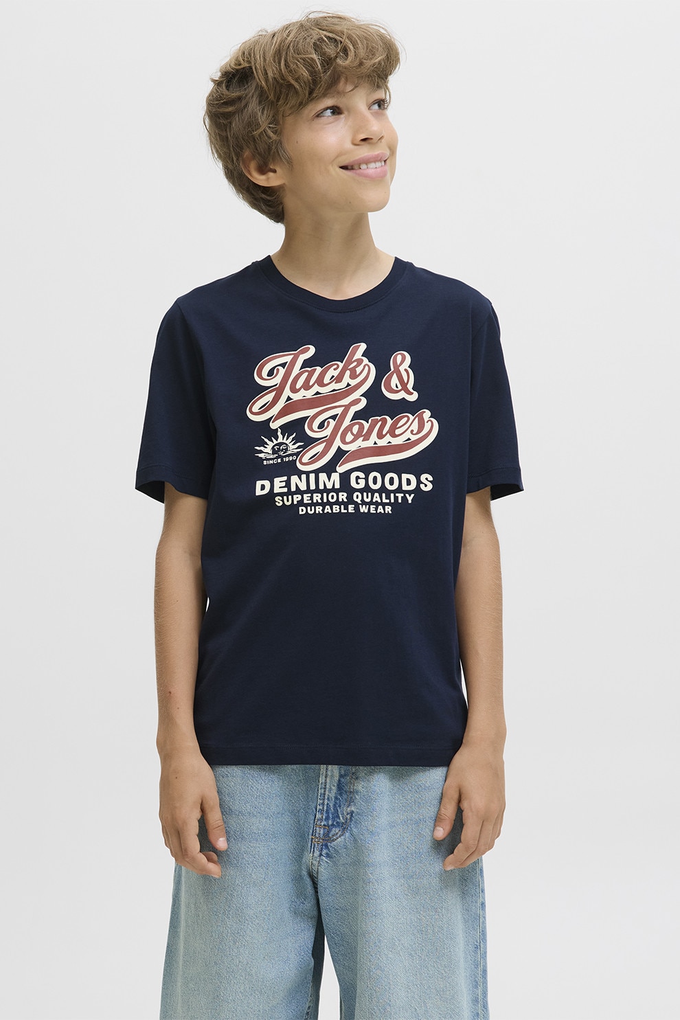 Jack & Jones, Tricou din bumbac organic cu imprimeu logo, Alb fildes, Albastru ultramarin, Rosu stins, 152 CM