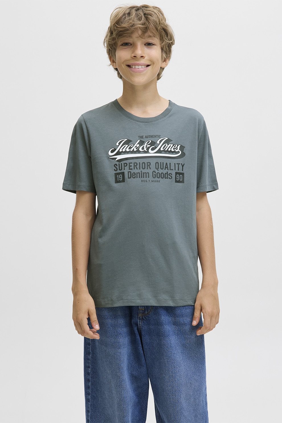 Jack & Jones, Tricou din bumbac organic cu imprimeu logo, Alb, Negru, Gri, 152 CM