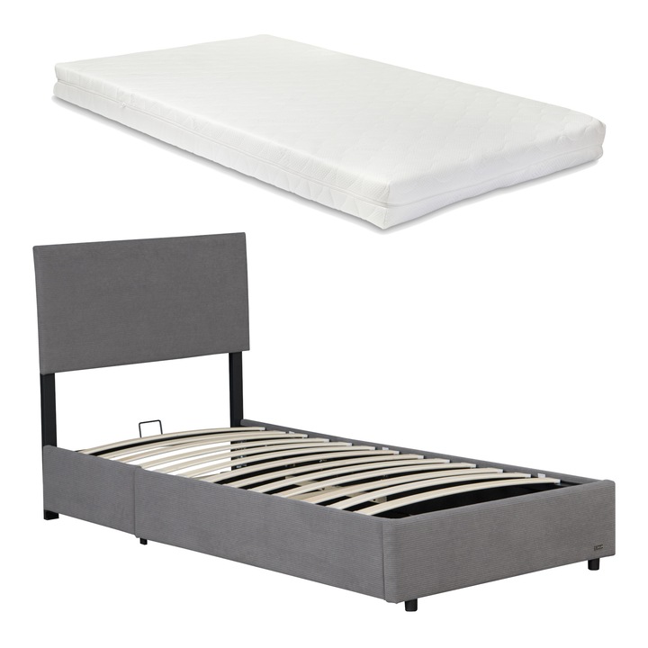 Pat, Corium, Juva, 200x90cm, lemn, metal, poliester, gri, cu saltea