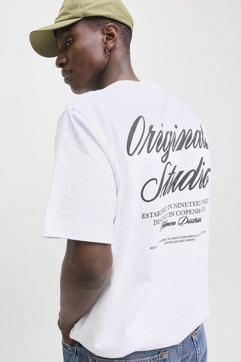 Jack & Jones, Logós bő fazonú pamutpóló, Fehér/Fekete