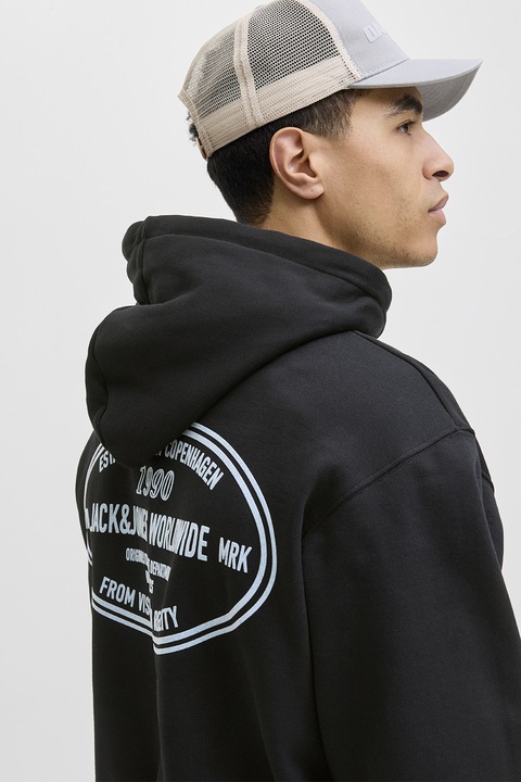 Jack & Jones, Hanorac lejer cu buzunar kangaroo, Alb/Negru