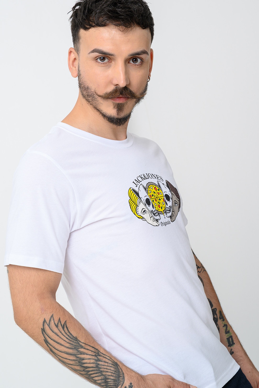 Jack & Jones, Tricou de bumbac cu imprimeu, Alb, Galben, 2XL