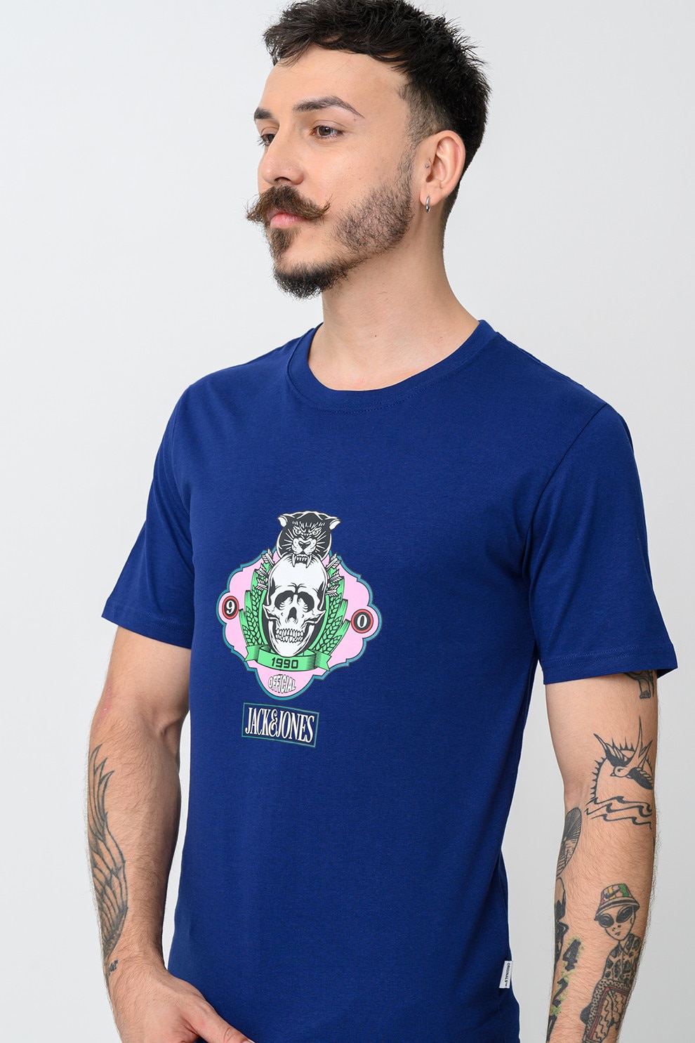 Jack & Jones, Tricou de bumbac cu imprimeu, Roz, Bleumarin, 2XL