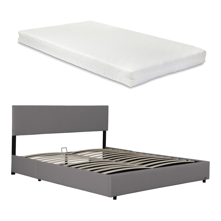 Pat, Corium, Juva, 200x140cm, lemn, metal, poliester, gri, cu saltea