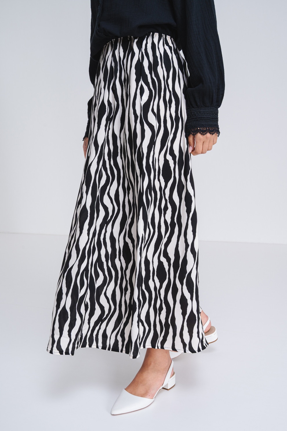 Only, Fusta maxi cu model, Alb, Negru, S