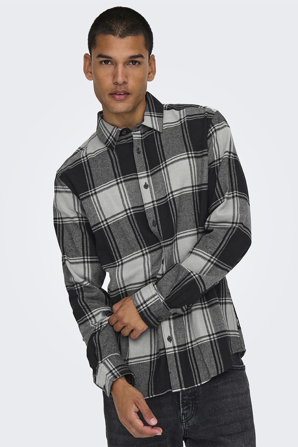 Only & Sons, Camasa de bumbac cu maneci lungi si model in carouri Gudmund, Gri, Gri deschis, Gri inchis, S