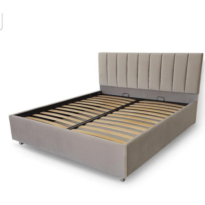 Pat Tapitat, Eda, cu Somiera Rabatabila si Lada de Depozitare, gri deschis, 180x200