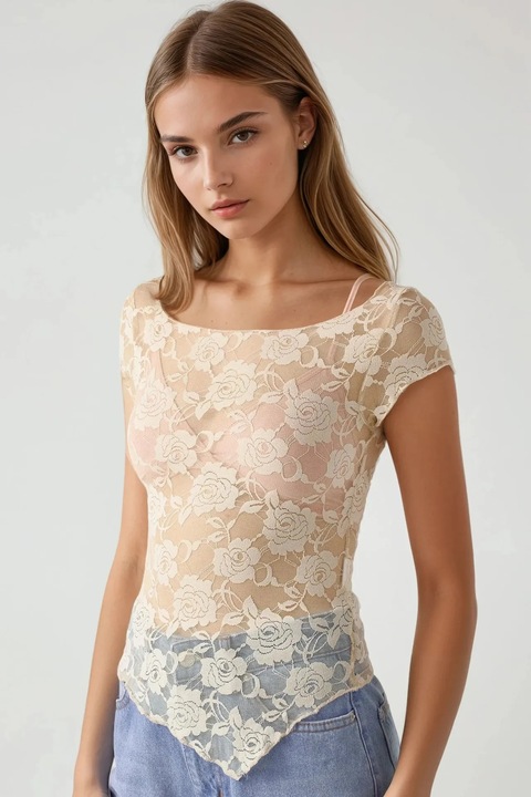 Top scurt dama, HiCCUP, dantela florala, slim fit, bej, jerseu