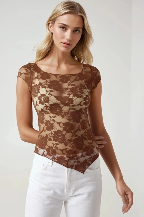 Top scurt, HiCCUP, dantela florala, slim fit, maro, jerseu