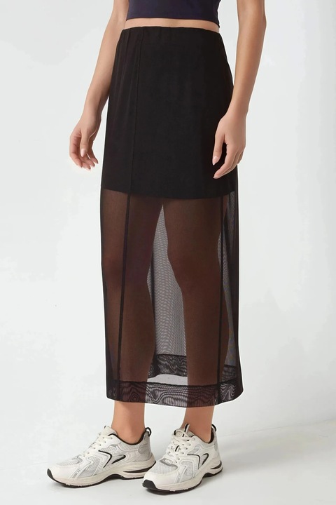 Fusta midi dama, bumbac/poliester/dantela, HiCCUP, talie inalta, negru
