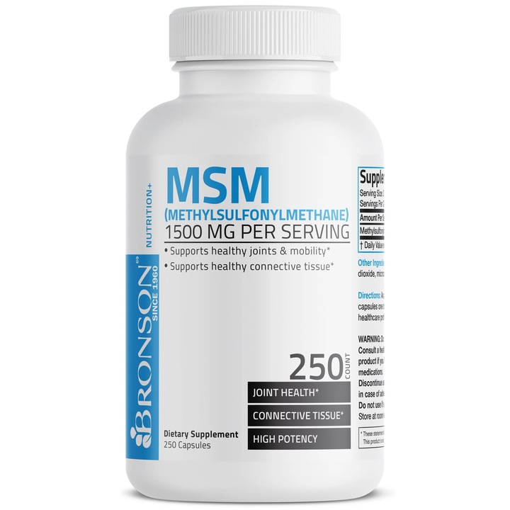 Supliment alimentar MSM 1500 mg, Bronson Laboratories, set de 250 capsule, pentru sanatatea articulatiilor, antiinflamator