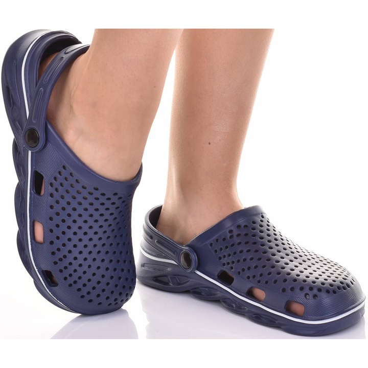 Papuci Martinus cu platforma din spuma, respirabili, bleumarin cu dunga alba, material sintetic