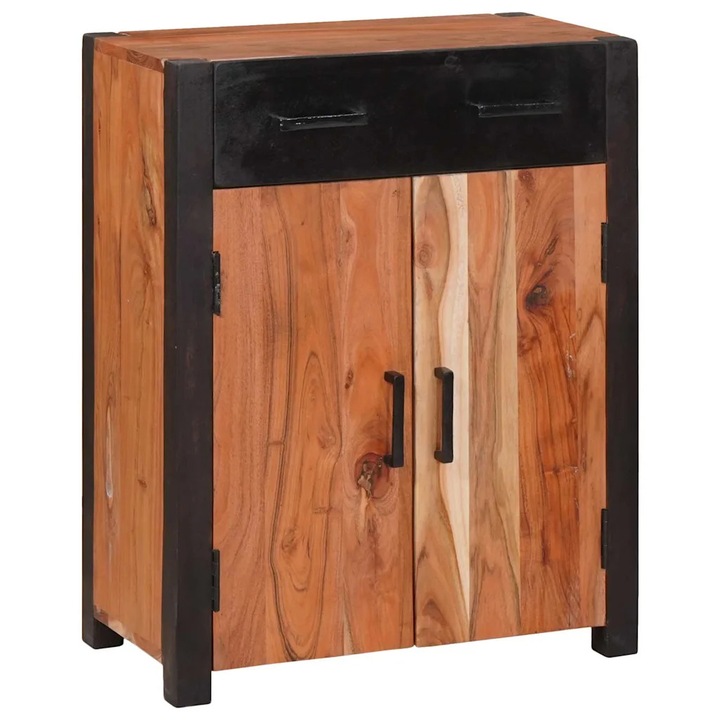 Bufet rectangular din lemn masiv de acacia, 55x30x75cm, set cu rafturi si usi, culoare maro