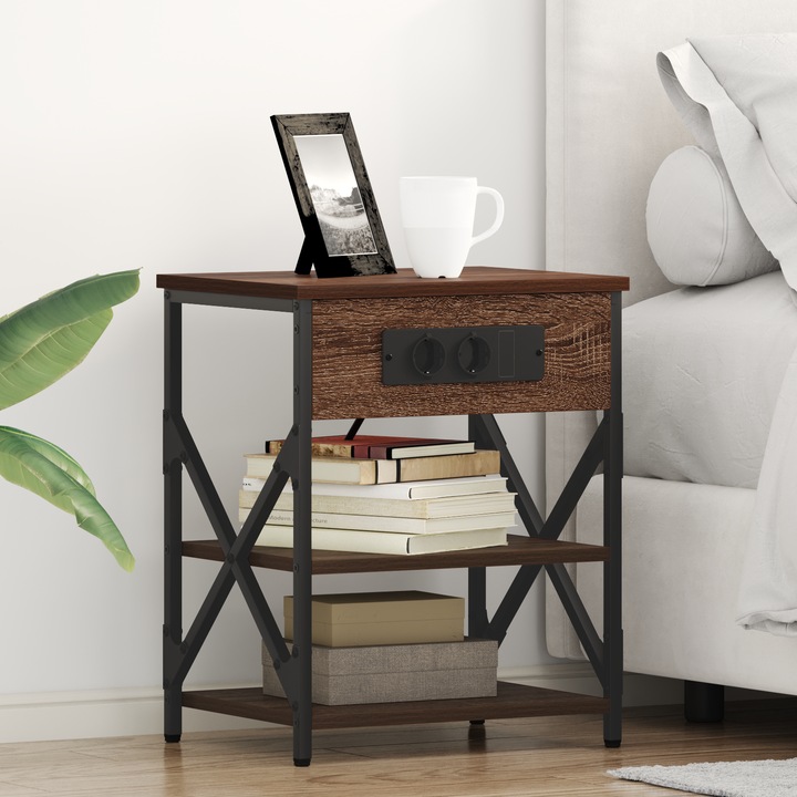 Noptiere, set 2 piese, VidaXL, cu statie de incarcare, design modern, culoare maro, dimensiuni compacte