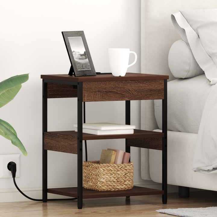 Meseu de noapte set 2 buc, VidaXL, brun, 41x31x51cm, cu rafturi MDF si statie de incarcare integrata