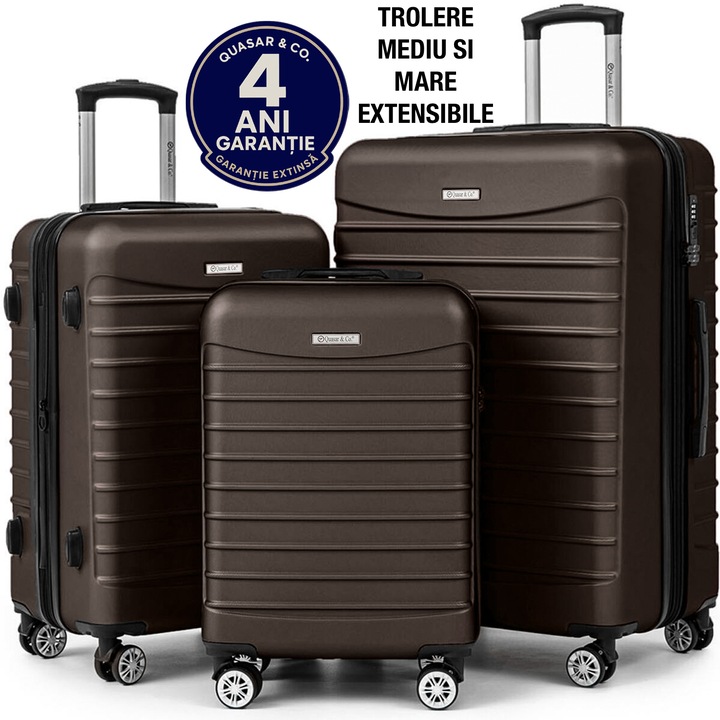 Set 3 trolere Quasar & Co.®, S/M/L, valize cu fermoar antifurt, bagaje cu cifru, maner telescopic, geamantane cu 4 roti duble silentioase 360°, ABS 2.8 mm extradur, captuseala buretata, cate 2 compartimente cu buzunar, LINE, Dark Coffee