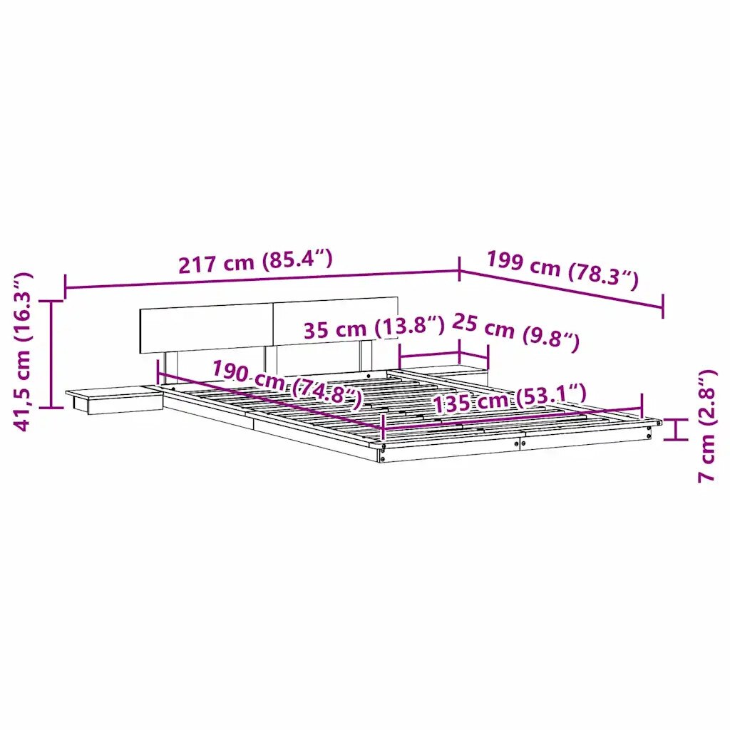 Limitator Rama Pat Rama de pat VidaXL cu mese de noapte, 135x190cm, lemn masiv de pin ...