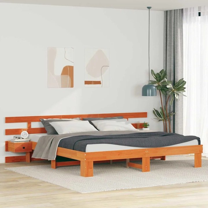 Pat platforma VidaXL cu 2 noptiere, lemn masiv de pin, 200x200cm, ruginiu