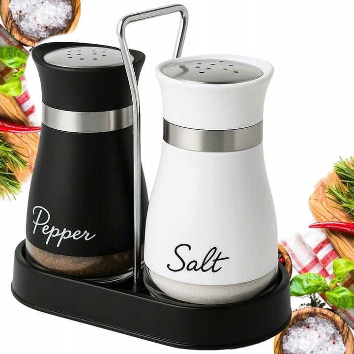 Set solnica si pipera din sticla cu suport, alb-negru, 16x8x15cm