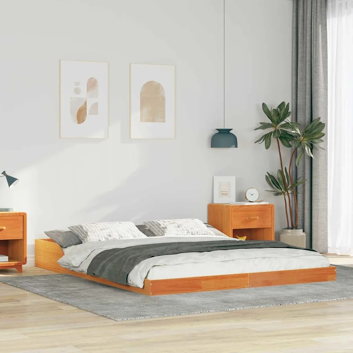 Pat platforma VidaXL, 140x220cm, lemn masiv de pin, ruginiu, design minimalist