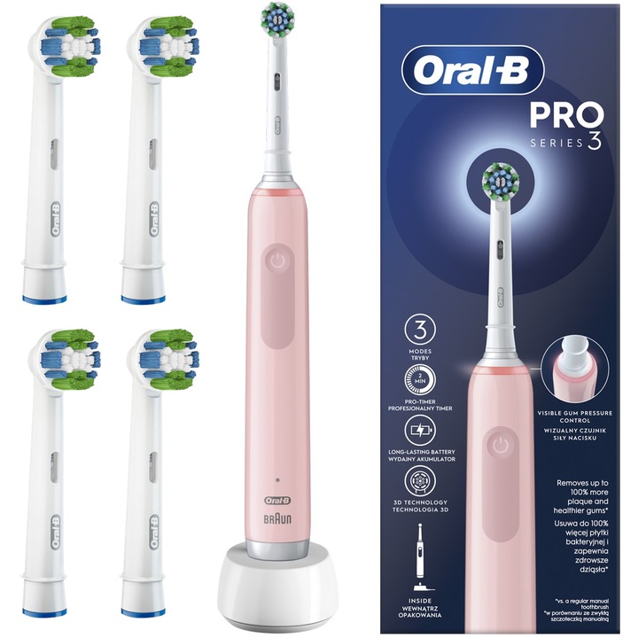 Комплект, Oral-B Pro 3 3000 Електрическа четка за зъби, Розова, 1 + 4 Оригинални Накрайника