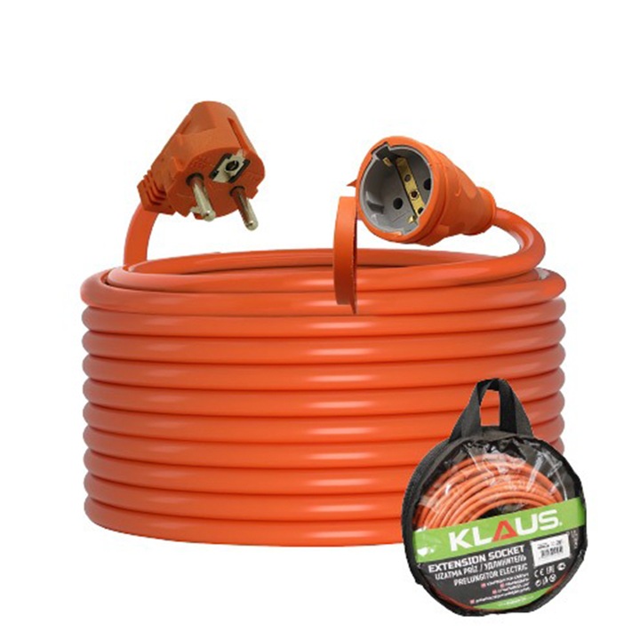 Hordozható hosszabbító kábel 20m, 3x2.5mm², narancssárga, nagy teljesítményű, Klaus KE15320