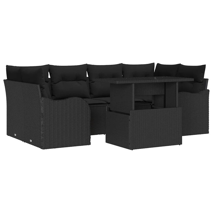 Set de canapele pentru gradina cu perna 7 pcs Negru Rattan poli, vidaXL, 3348399