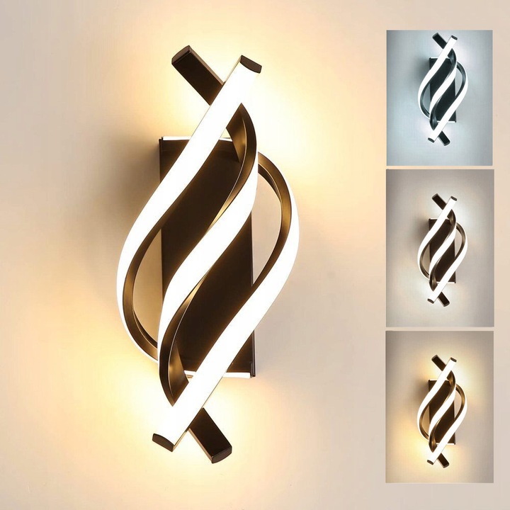 LED аплик за стена Fvchy®, 36W, Стенна лампа, Регулируема 3000K-4500K-6000K, 220V, Метал и Акрил, Модерен спирален дизайн, за всекидневна/спалня/ресторант/стълби