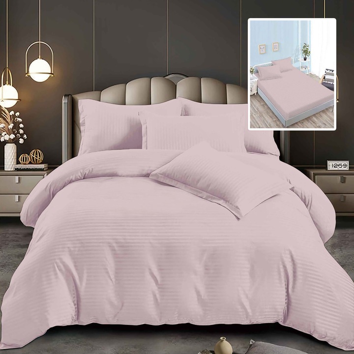 Lenjerie pat dublu 6 piese Damasc Policoton, cu husa saltea 160x200 sau 180x200 cm, pilota 200x230 cm, fete perne 50x70 cm si 70x70 cm, dunga 1 cm Roz Pudra (6DPH44)