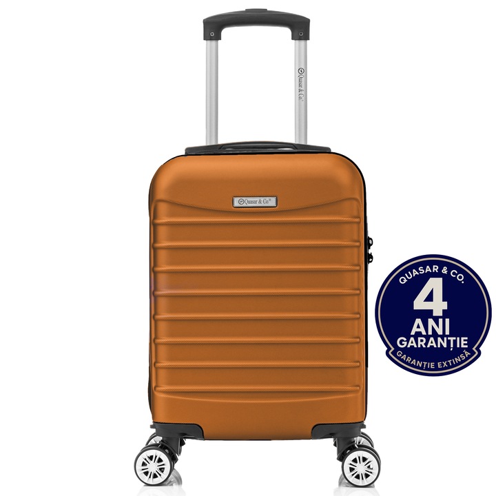 Troler cabina avion Quasar & Co.®, 40x30x20cm, bagaj de mana, troller cu fermoar sigur, cifru, maner telescopic lung, geamantan cu 4 roti duble detasabile, 360°, valiza ABS 2.8 mm, rezistent, 2 compartimente cu buzunar, 10kg, LINE, Camel