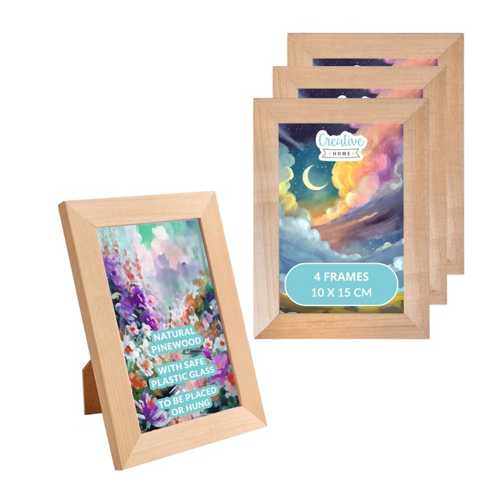Set de 4 Rame foto 10x15 cm, Creative Home, Nevaruit, Rama foto din lemn de pin, cu spate pentru a sta in picioare si a fi agatata, pachet de 4