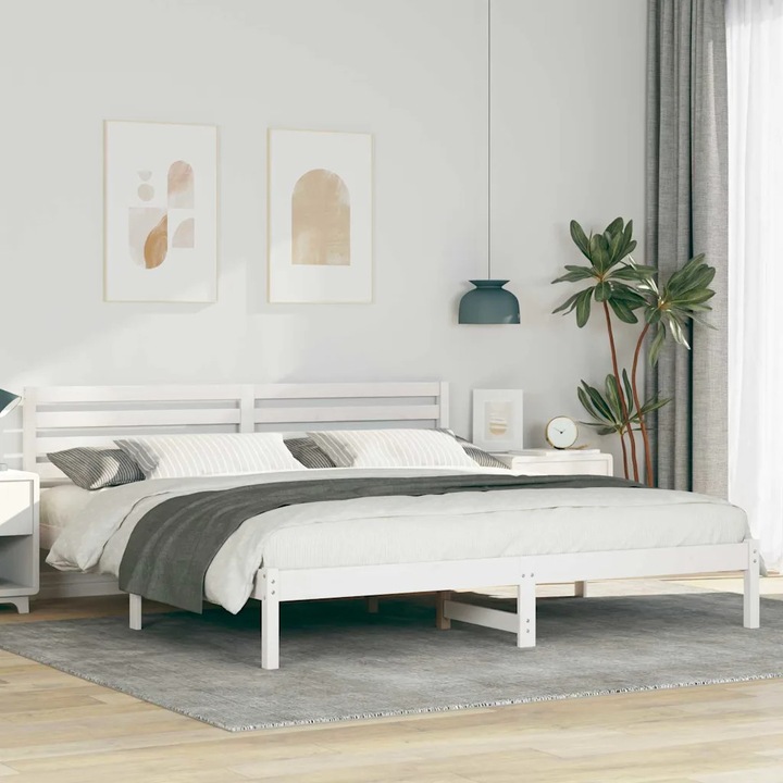 Rama de pat cu headboard, VidaXL, 180x200cm, lemn masiv de pin, alb, montaj simplu