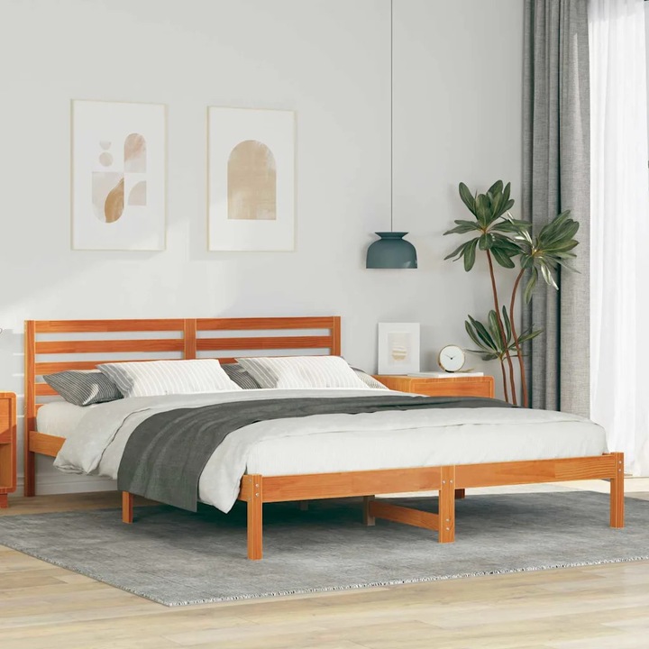 Rama pat platforma VidaXL, 160x210cm, lemn masiv de pin, cu tablie , culoare maro
