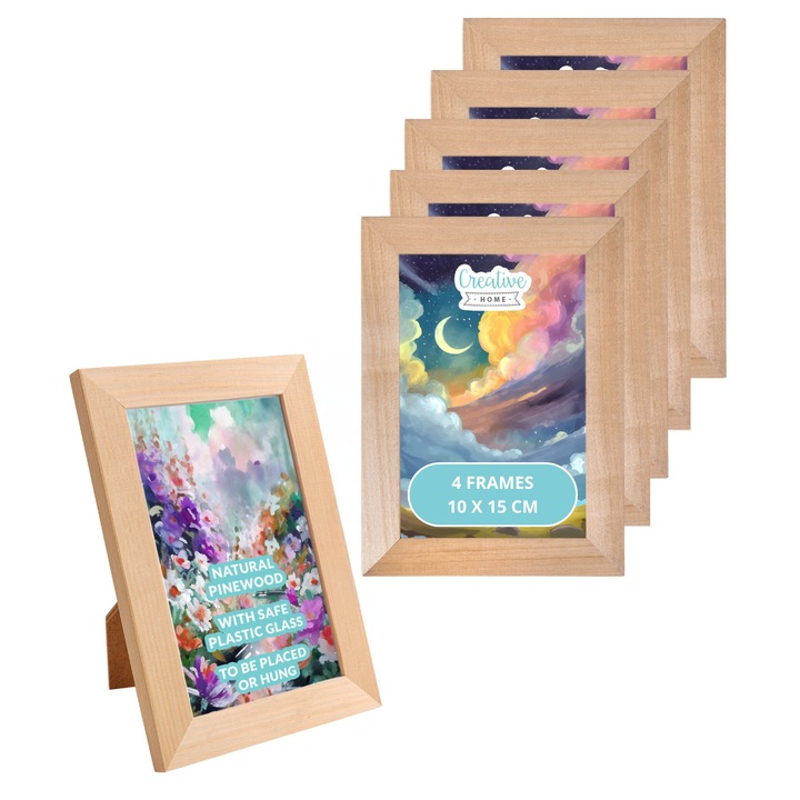 Set de 6 Rame foto 10x15 cm, Creative Home, Nevaruit, Rama foto din lemn de pin, cu spate pentru a sta in picioare si a fi agatata, pachet de 6