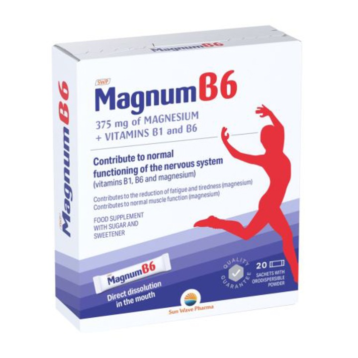 Magnum B6 Pulbere orodispersabilă, Sun Wave Pharma, vitamina B1, vitamina B6 si magneziu - pentru reducerea oboselii si extenuării, 20 plicuri