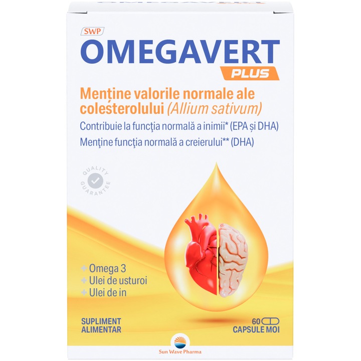 Supliment alimentar Omegavert Plus, Sun Wave Pharma, Omega-3(EPA+DHA), pentru funcționarea normală a inimii, vitamina E, 60 capsule