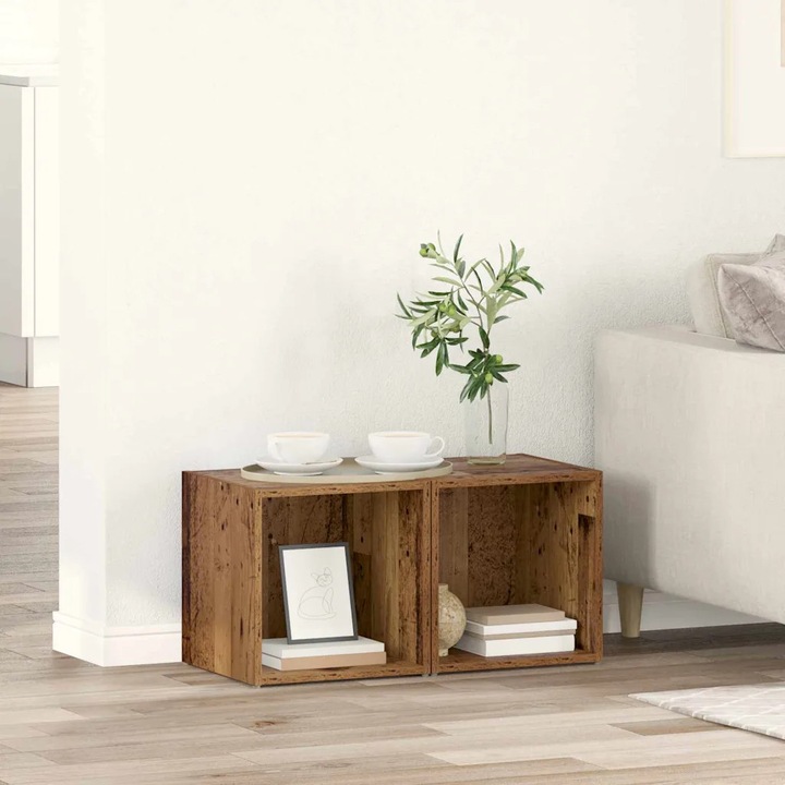 Masa rustica rectangulara VidaXL, finisaj imbatranit, constructie durabila, 2 compartimente, 37x35x37cm