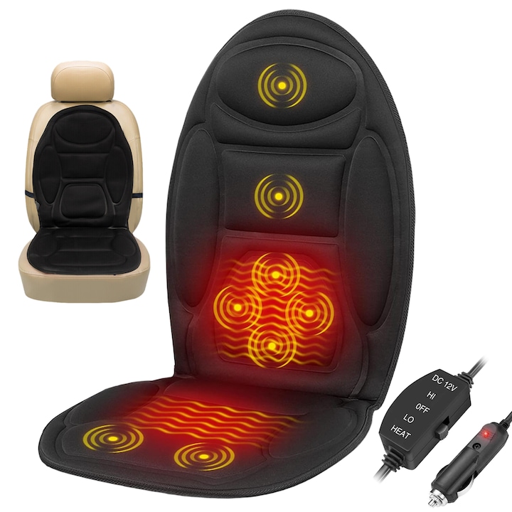 Husa incalzita ajustabila pentru scaun auto, neagra, 107x48cm, 12V, 48W