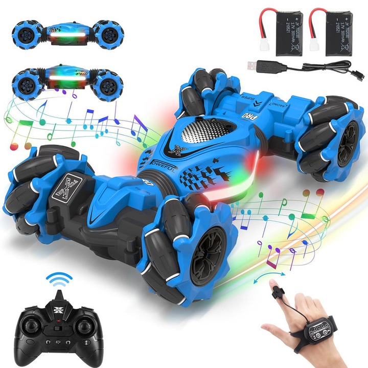 RC kisautó gesztusvezérléssel, 4WD, 360°-os forgás, fényekkel és zenével, 2 akkumulátoros készlet, 1:24, kék