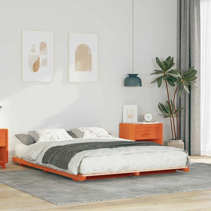 Cadru pat VidaXL, 160x220cm, lemn masiv de pin, stil Japandi, culoare maro