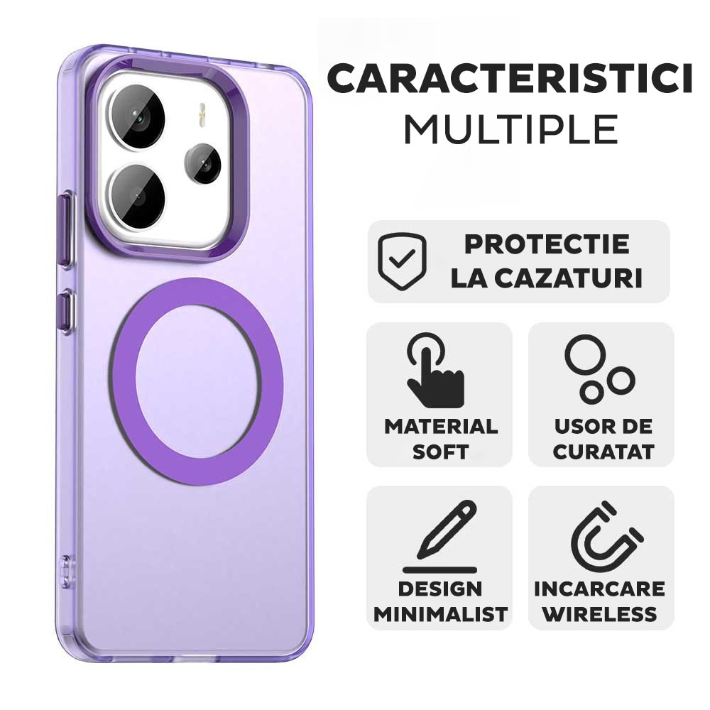 Husa pentru Xiaomi Redmi Note 14 4G (Regional) DaDen® CandyCase MagSafe, Antisoc, Incarcare wireless, Butoane protejate, Mov