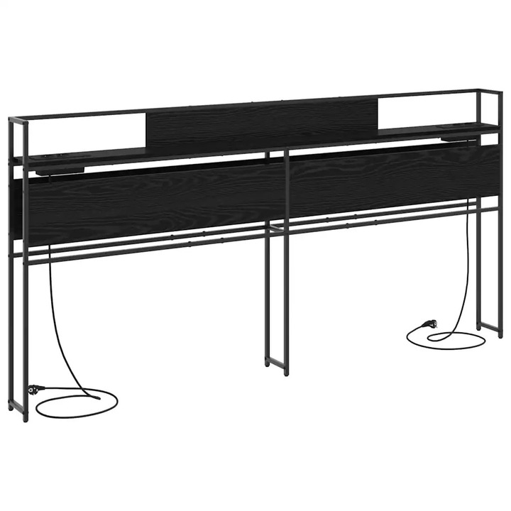 Tablie modern cu raft pentru carti, VidaXL, negru, 180 cm, cu statie de incarcare integrata