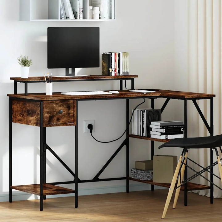 Birou L-sant, VidaXL, 120x79x86.5cm, cu LED-uri, din material lemnos, culoare stejar afumat