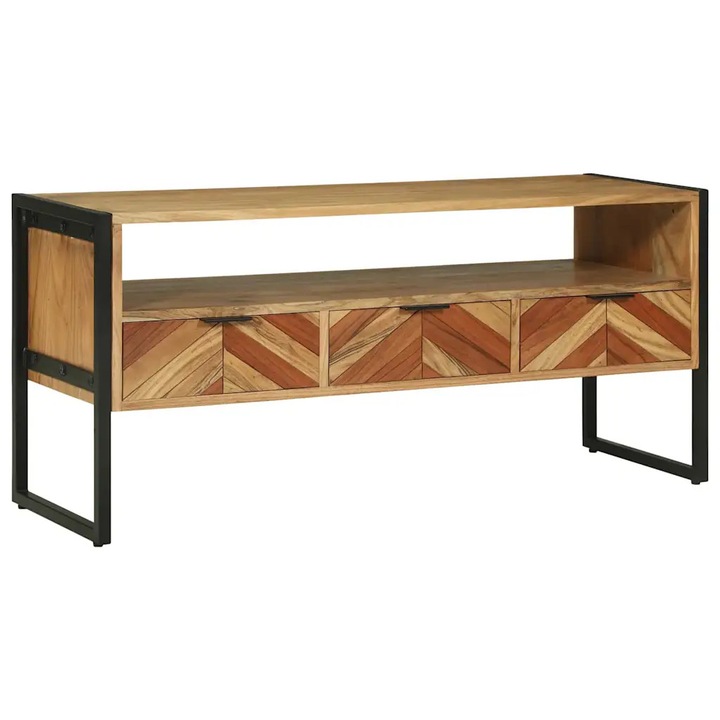 Comoda TV VidaXL, 100x35x50 cm, din lemn masiv de acacia, design Chevron, estetica industriala
