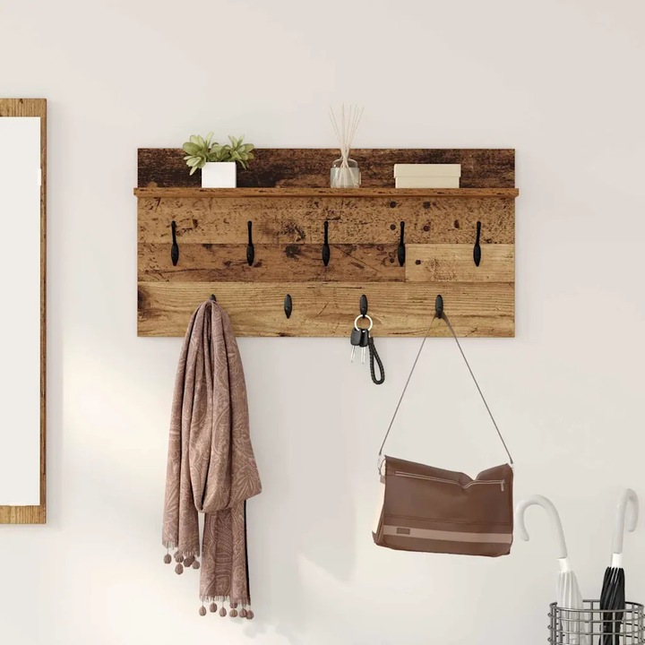 Cuiere montat pe perete cu raft, VidaXL, lemn vechi, design modern, stabilitate, 80x30cm
