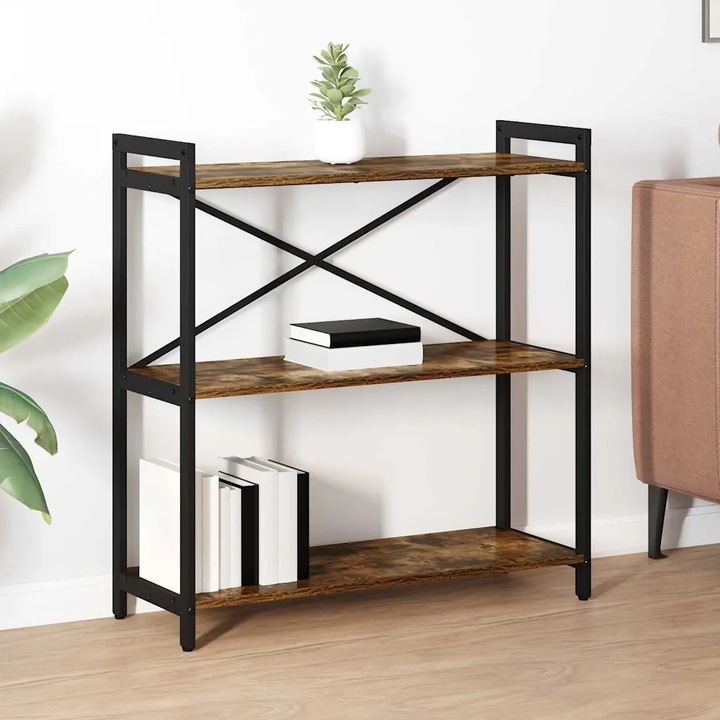 Raft de carti VidaXL, stejar afumat, 80x30x83cm, din lemn ingineresc si otel, design industrial