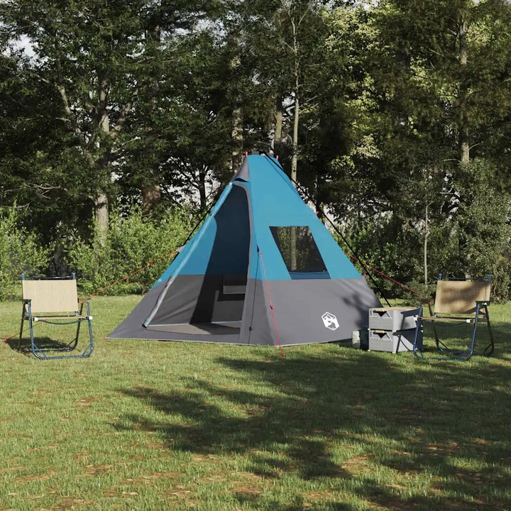 Cort camping VidaXL, tip tipi, impermeabil, albastru si gri, 383x338x217cm