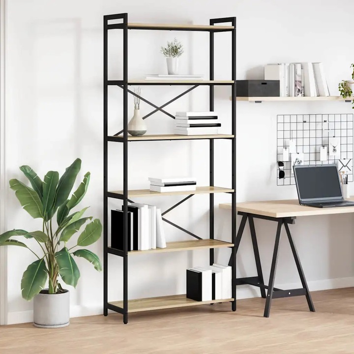 Raft de carti VidaXL, 80x30x188cm, din lemn ingineresc si otel, design industrial, culoare stejar sonoma