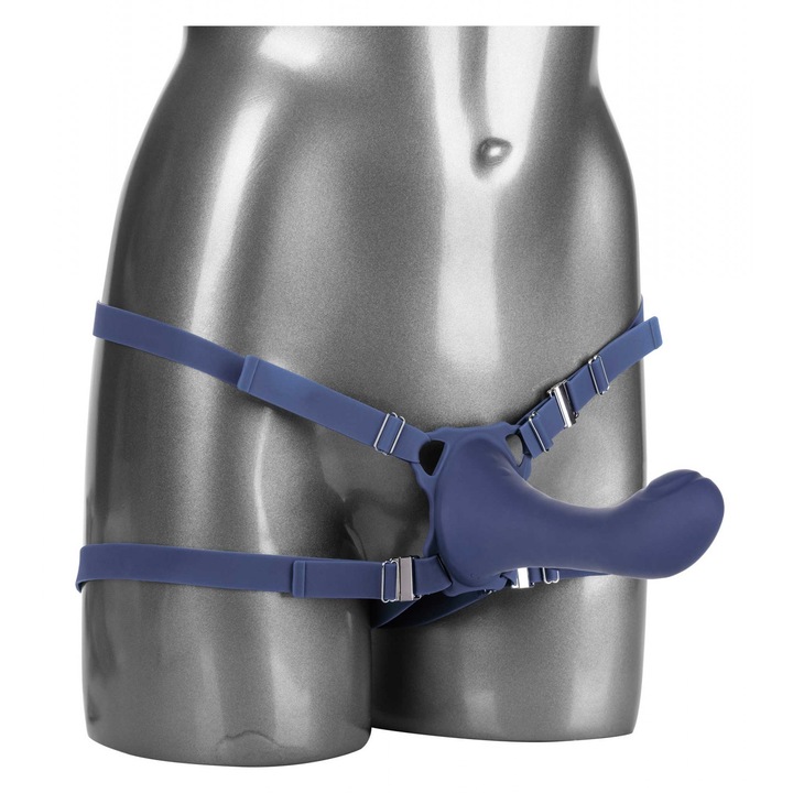 Strap-on, CalExotics, ME2 Thumper, 10 functii de vibratie, 10 functii de pulsare, albastru, dimensiune ajustabila pana la 132 cm